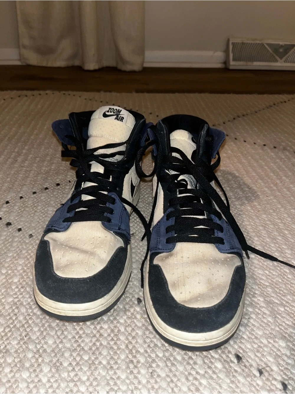 Jordan High-Top Sneakers in White, Black & Navy